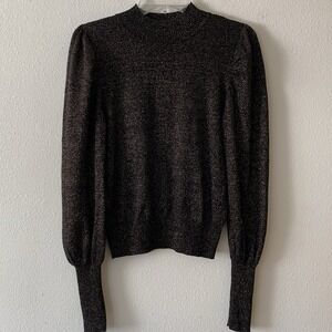 Evereve Womens Leslie Lurex Sweater Black Gold Metallic Puff Sleeve Mock Neck XS